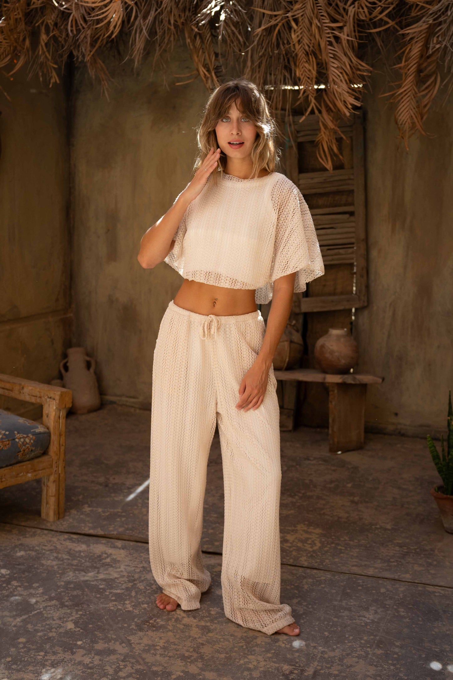 Boho Crochet Set Embroidered Cropped Top & Wide-Leg Pants - Beige