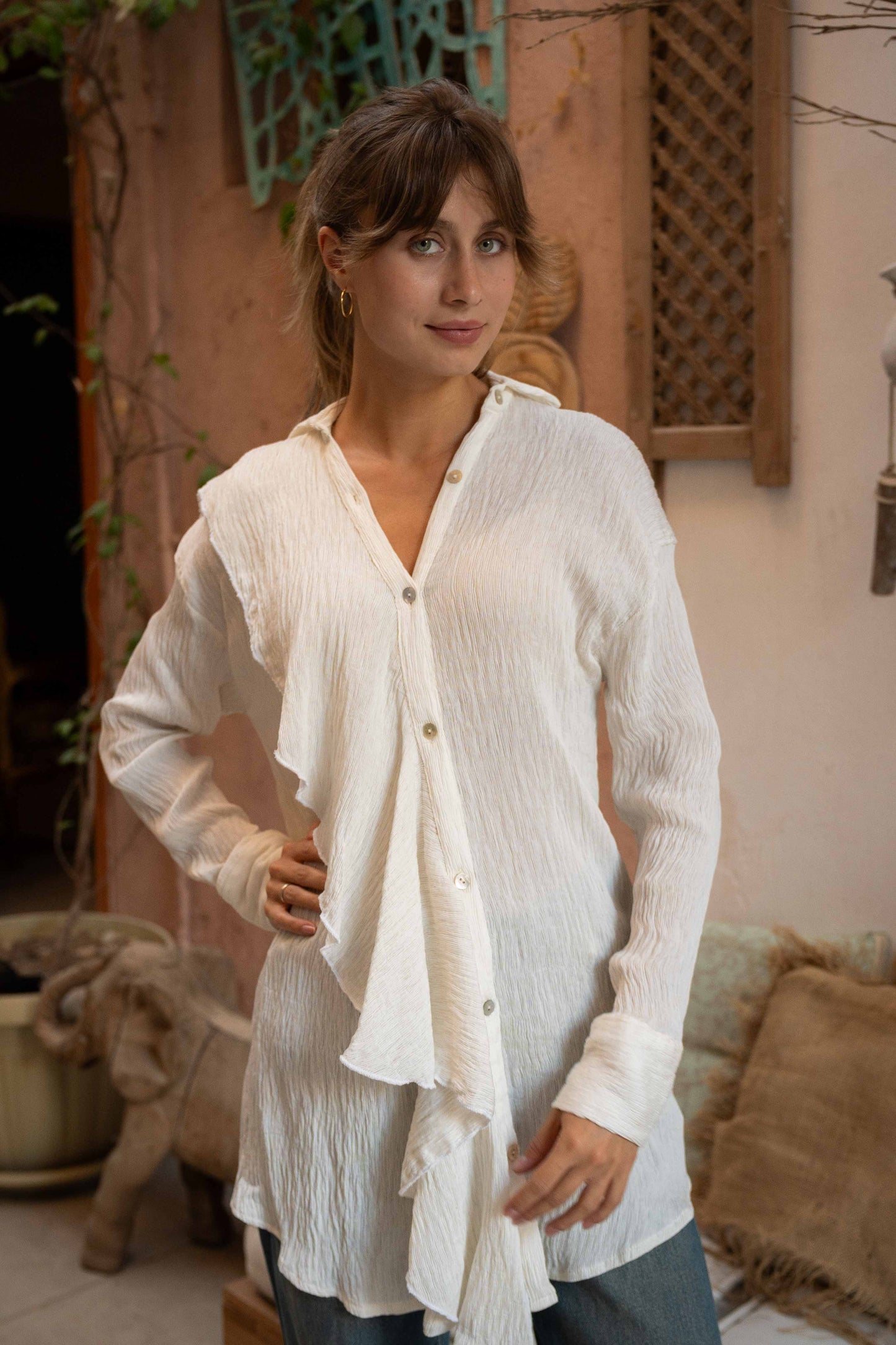 Flowy Crinkle & Ruffled Neckline Blouse - Off White