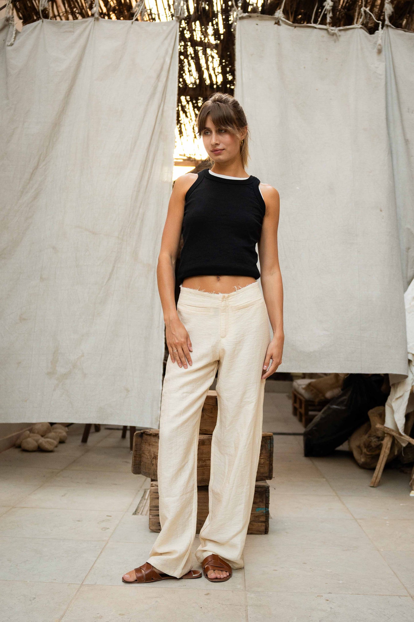 Low-Waist Relaxed Trousers - Raw Edge Waist Detail