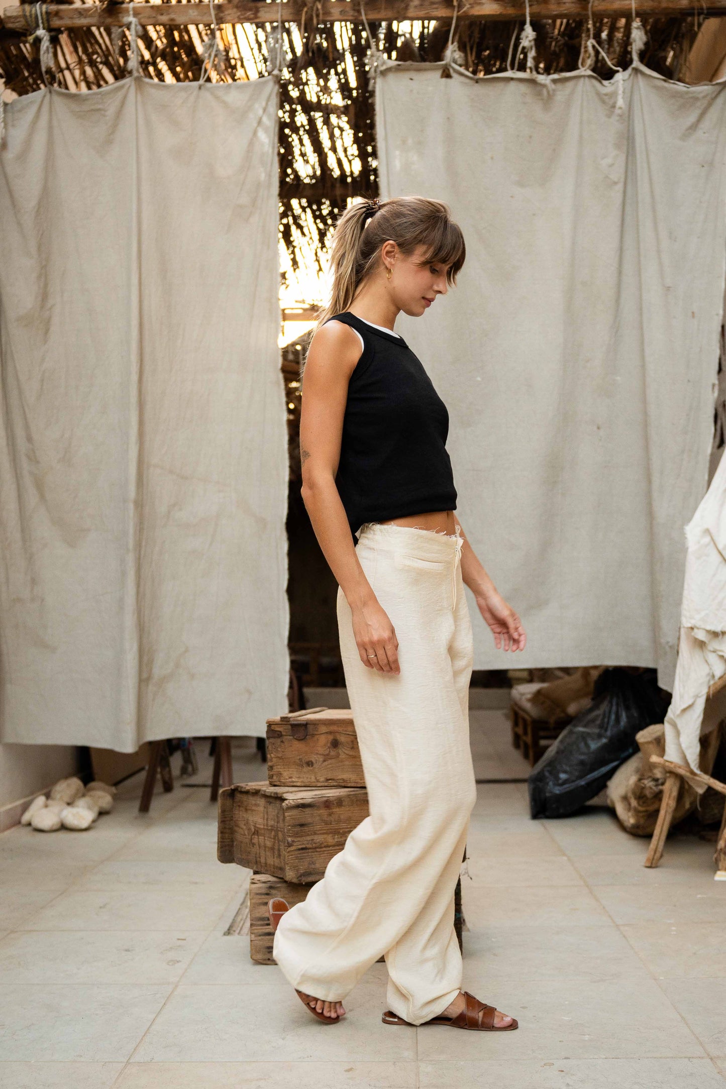Low-Waist Relaxed Trousers - Raw Edge Waist Detail