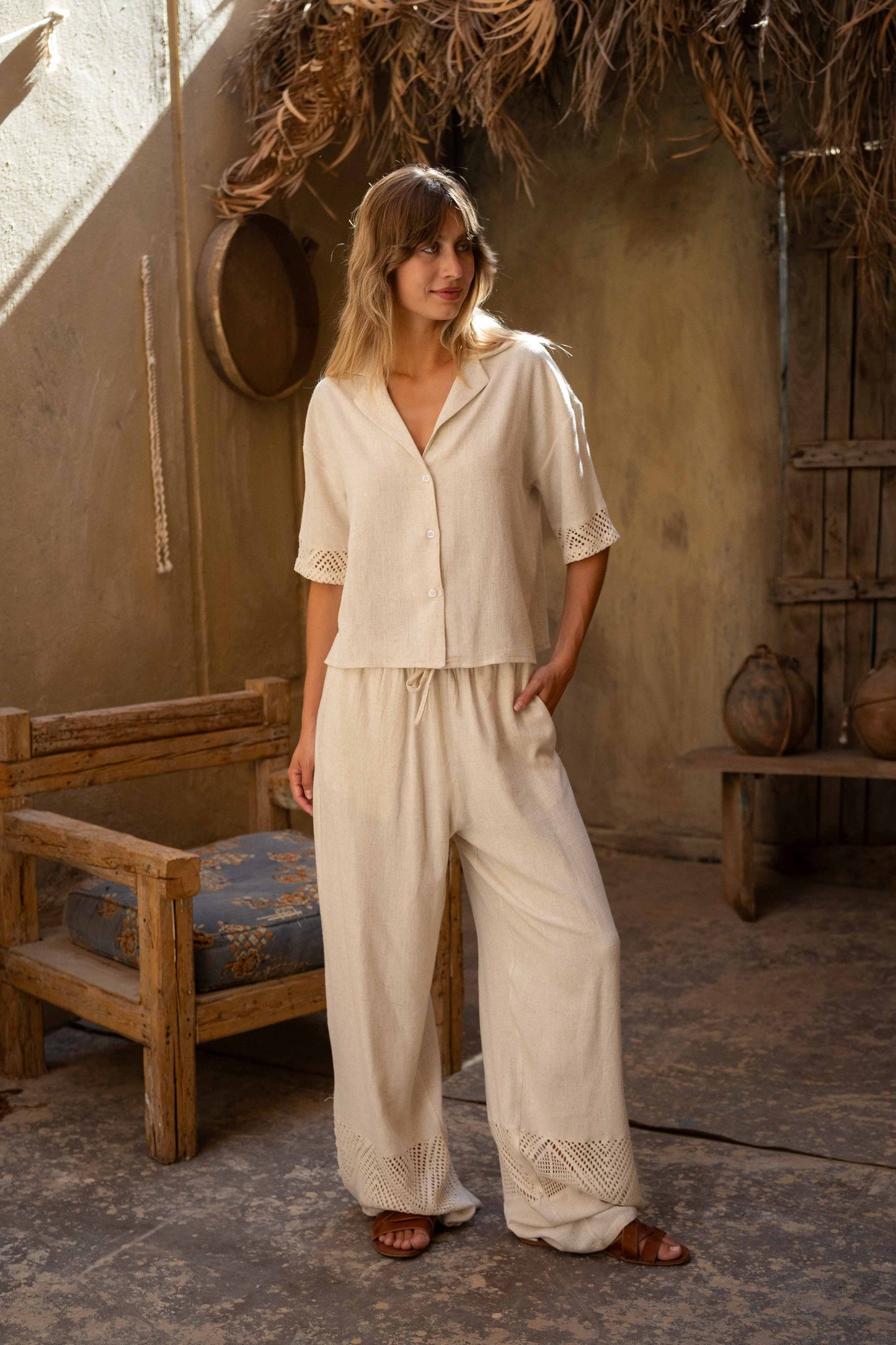 Elegant Lightweight Perforated Linen Set - Beige