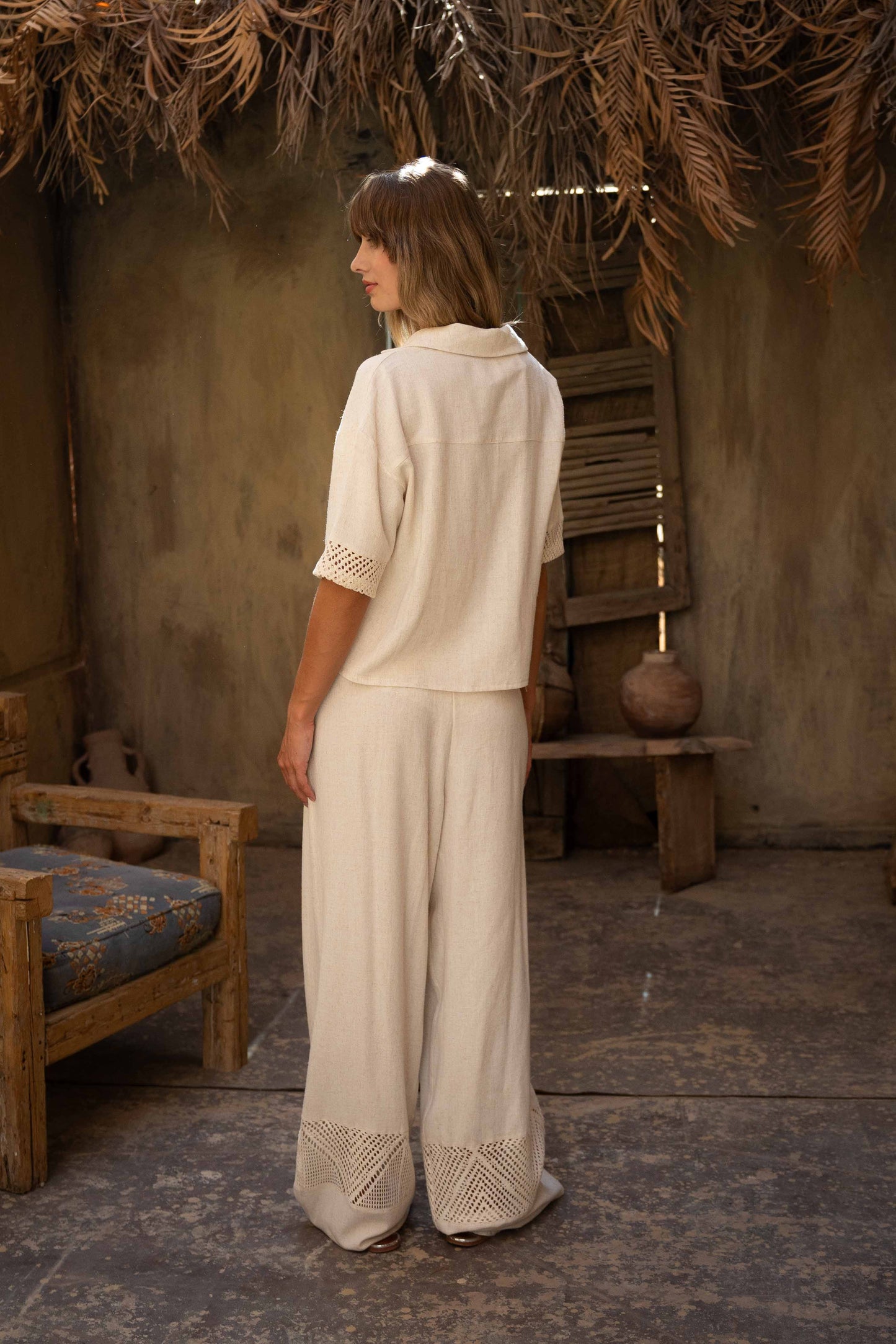 Elegant Lightweight Perforated Linen Set - Beige