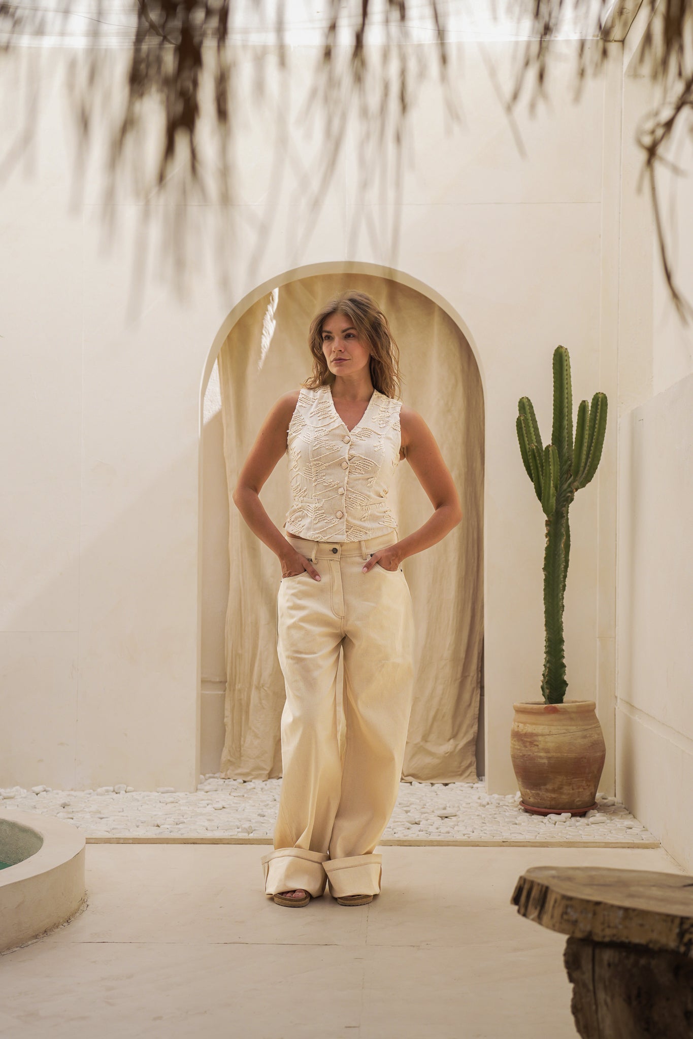 Embroidered Linen Vest - Waist-Length with Refined Buttons
