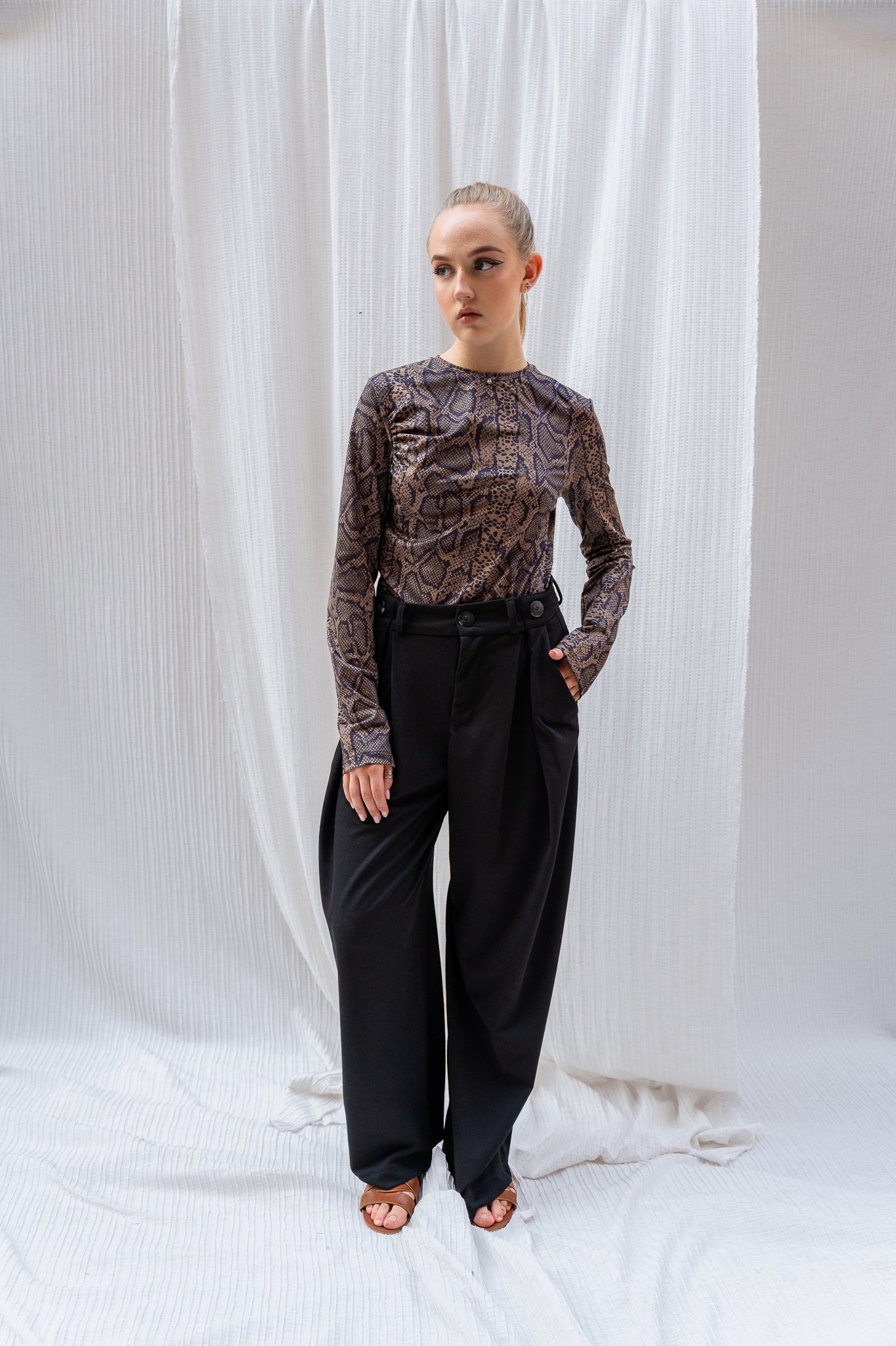 Snake Print Full Sleeve Top with Side Pleats - Bold Print, Flattering Fit