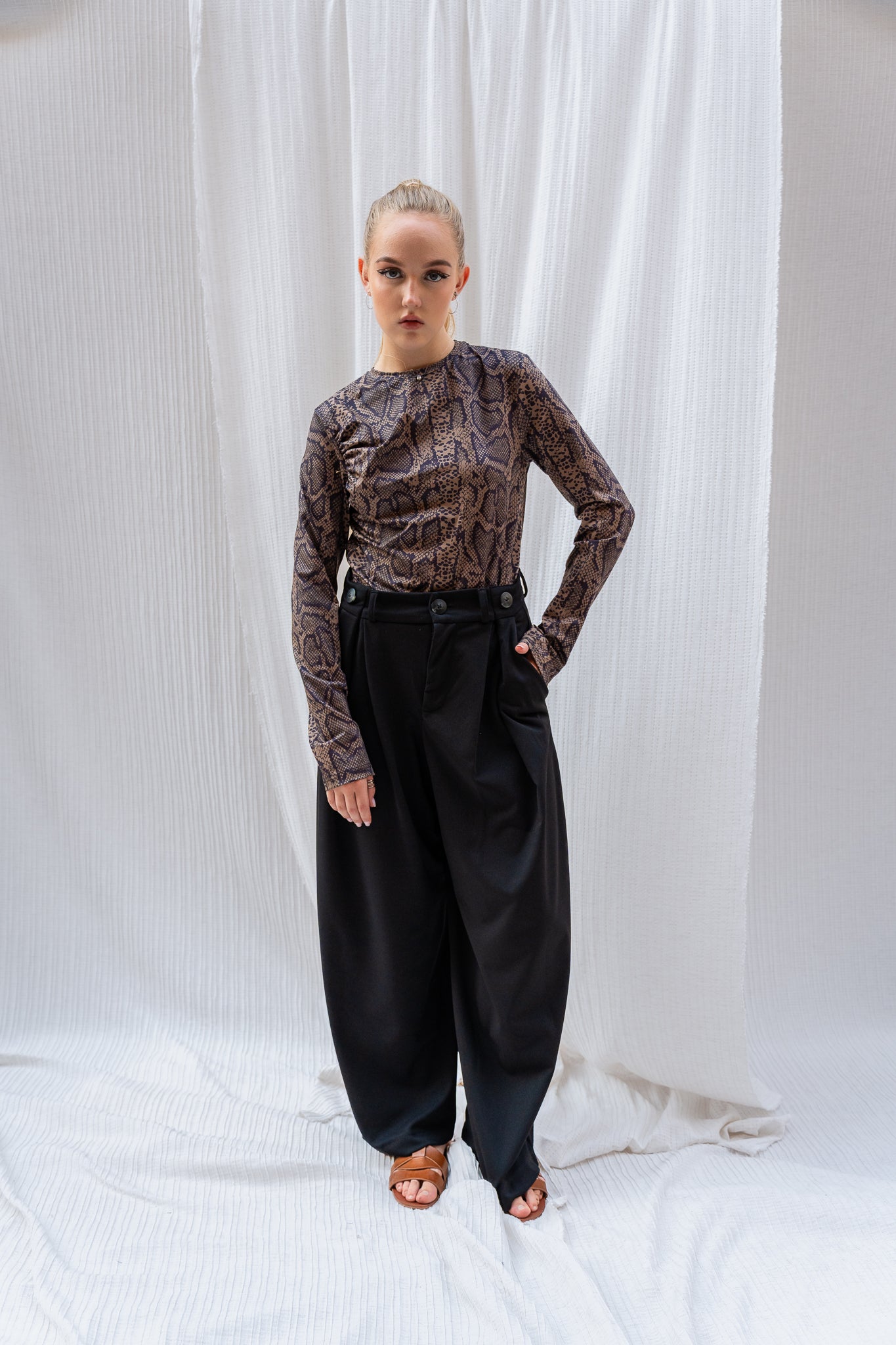 Snake Print Full Sleeve Top with Side Pleats - Bold Print, Flattering Fit