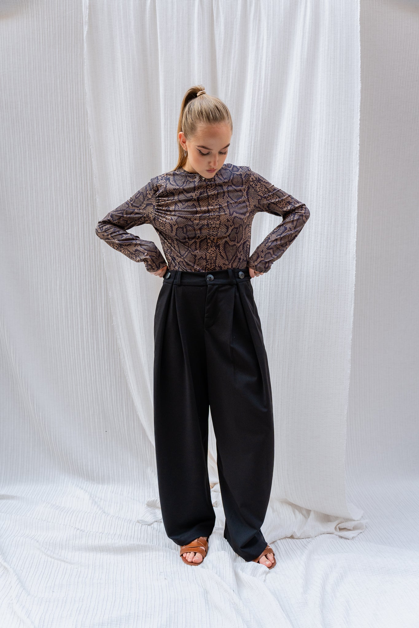 Snake Print Full Sleeve Top with Side Pleats - Bold Print, Flattering Fit