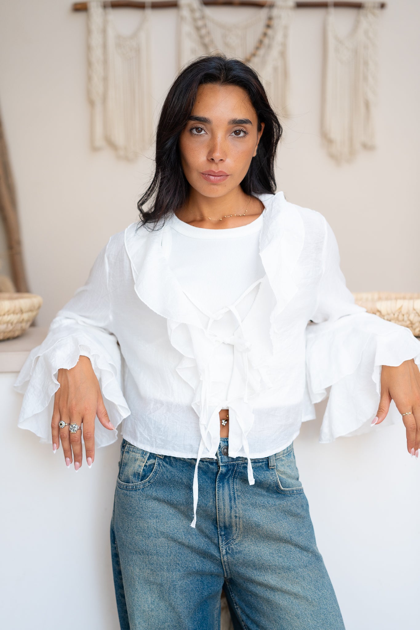 Ruffle Blouse with Lace-Up Closure