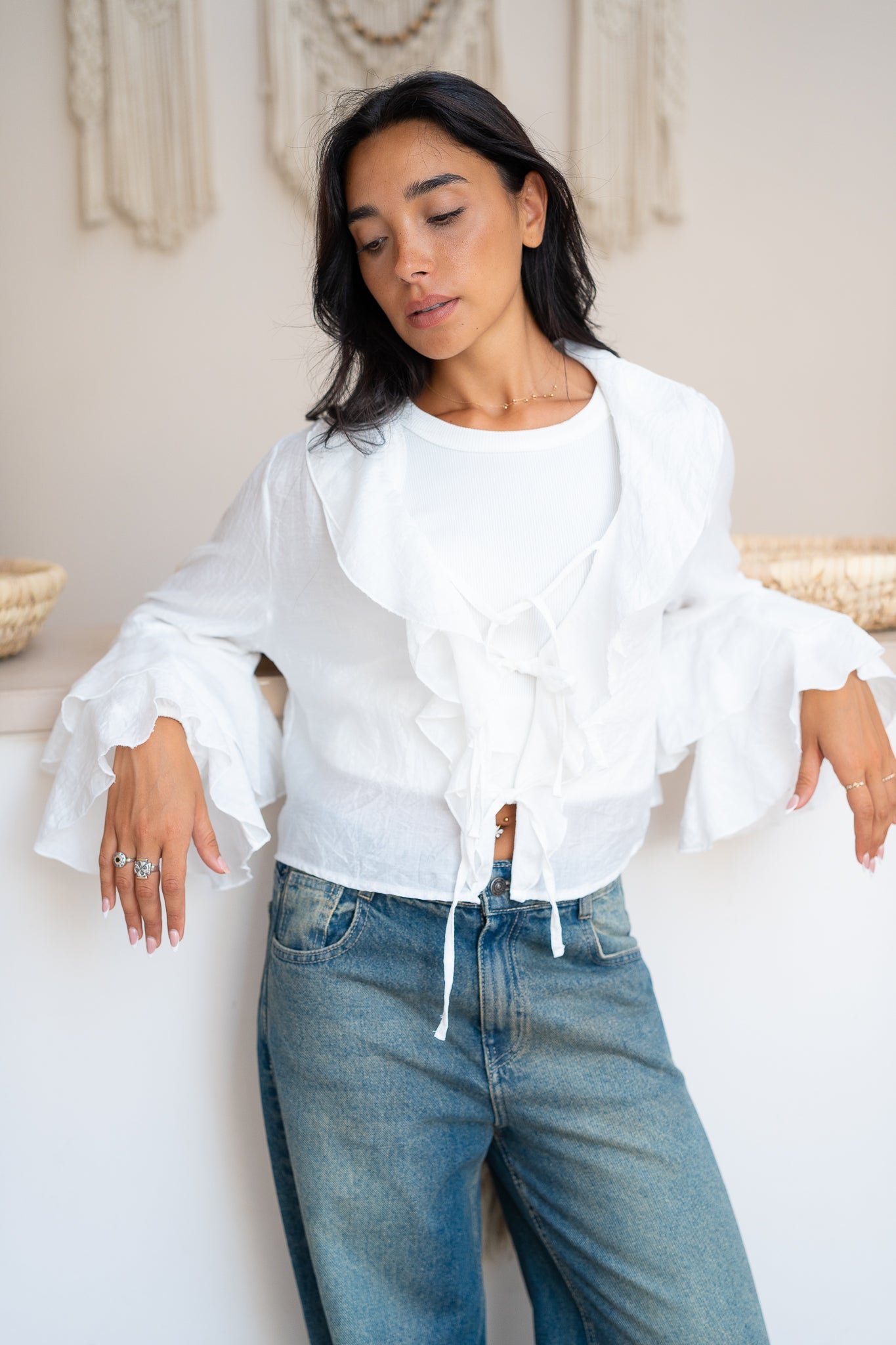 Ruffle Blouse with Lace-Up Closure