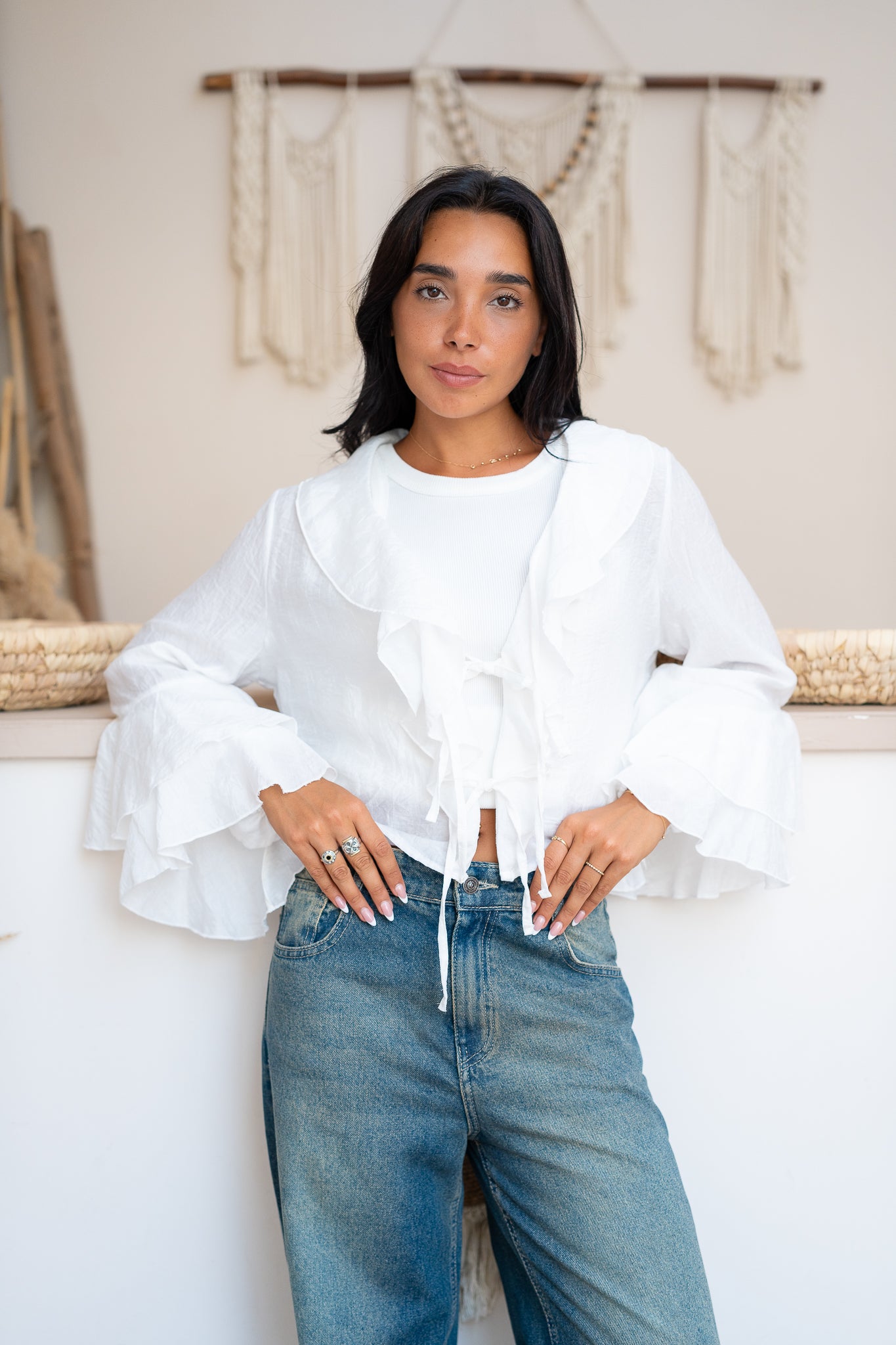 Ruffle Blouse with Lace-Up Closure