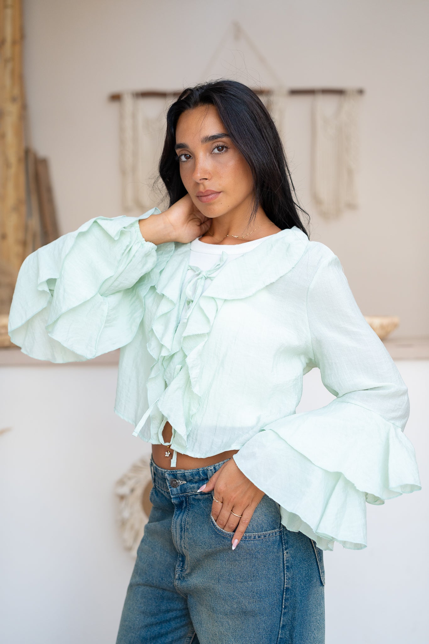 Ruffle Blouse with Lace-Up Closure
