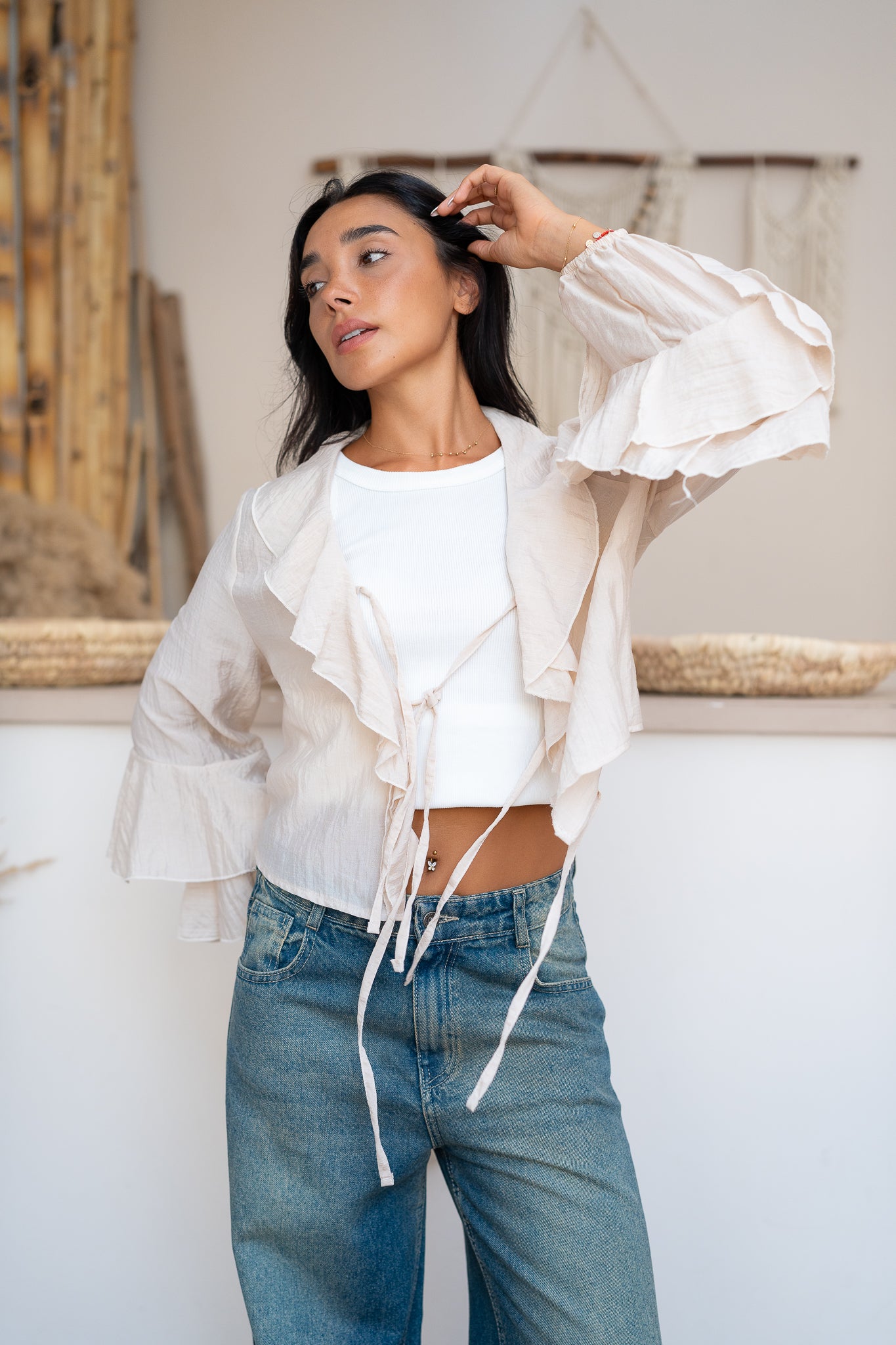 Ruffle Blouse with Lace-Up Closure