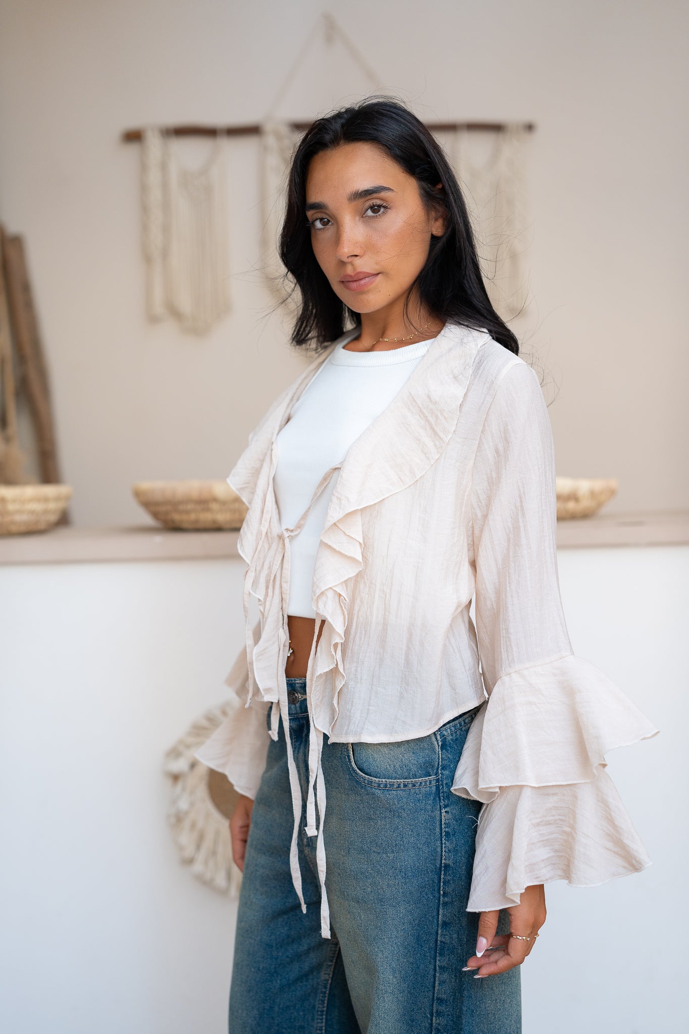 Ruffle Blouse with Lace-Up Closure