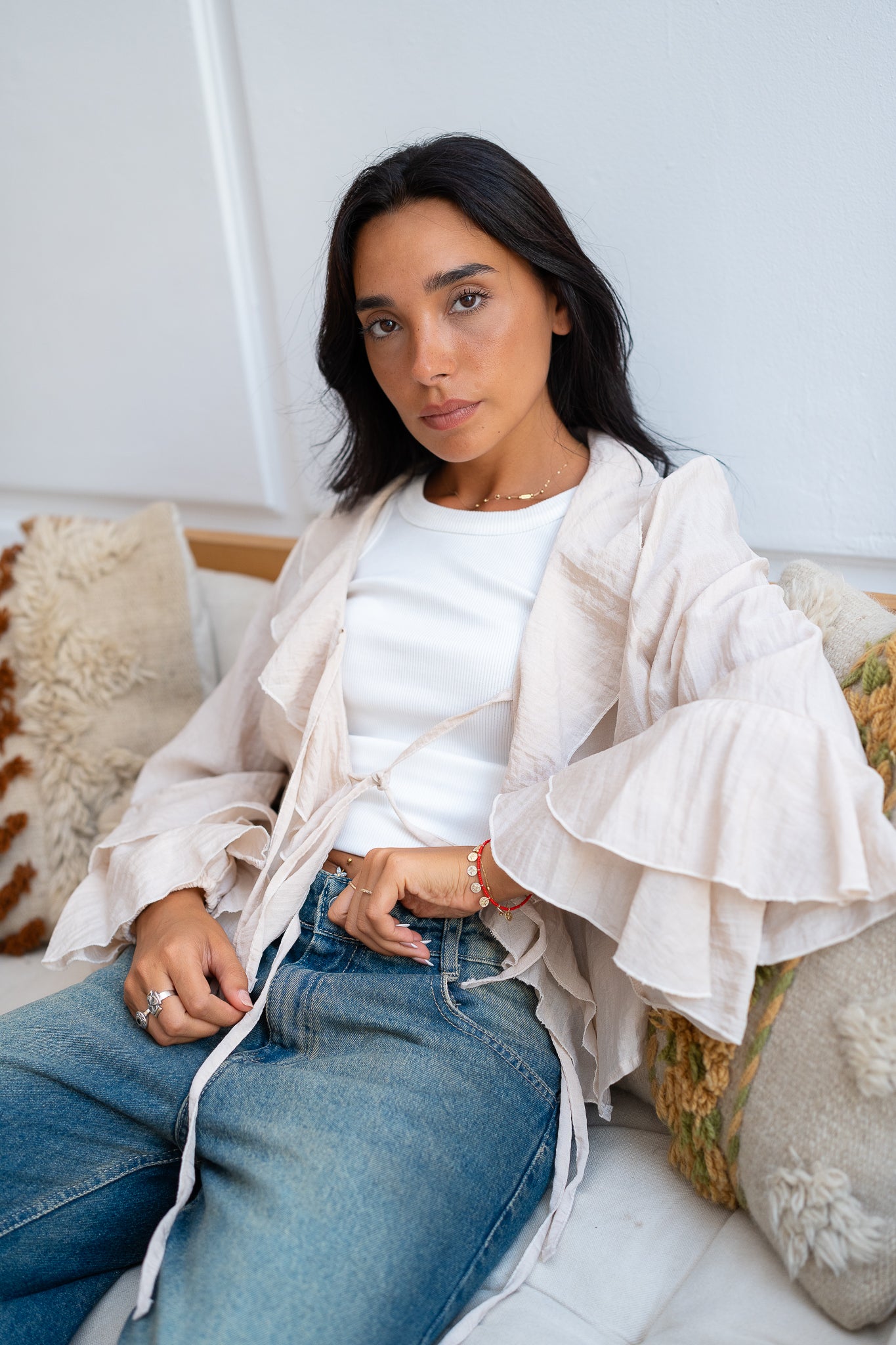 Ruffle Blouse with Lace-Up Closure