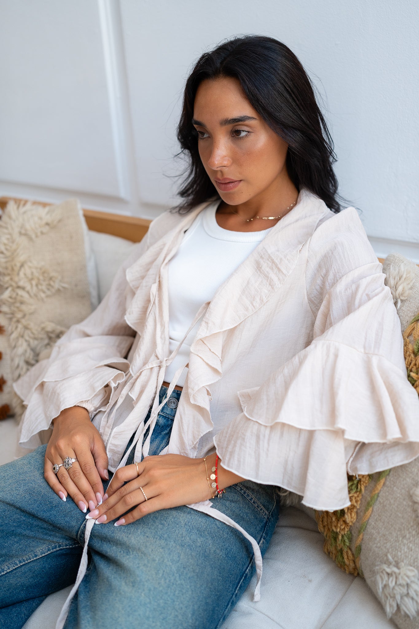 Ruffle Blouse with Lace-Up Closure