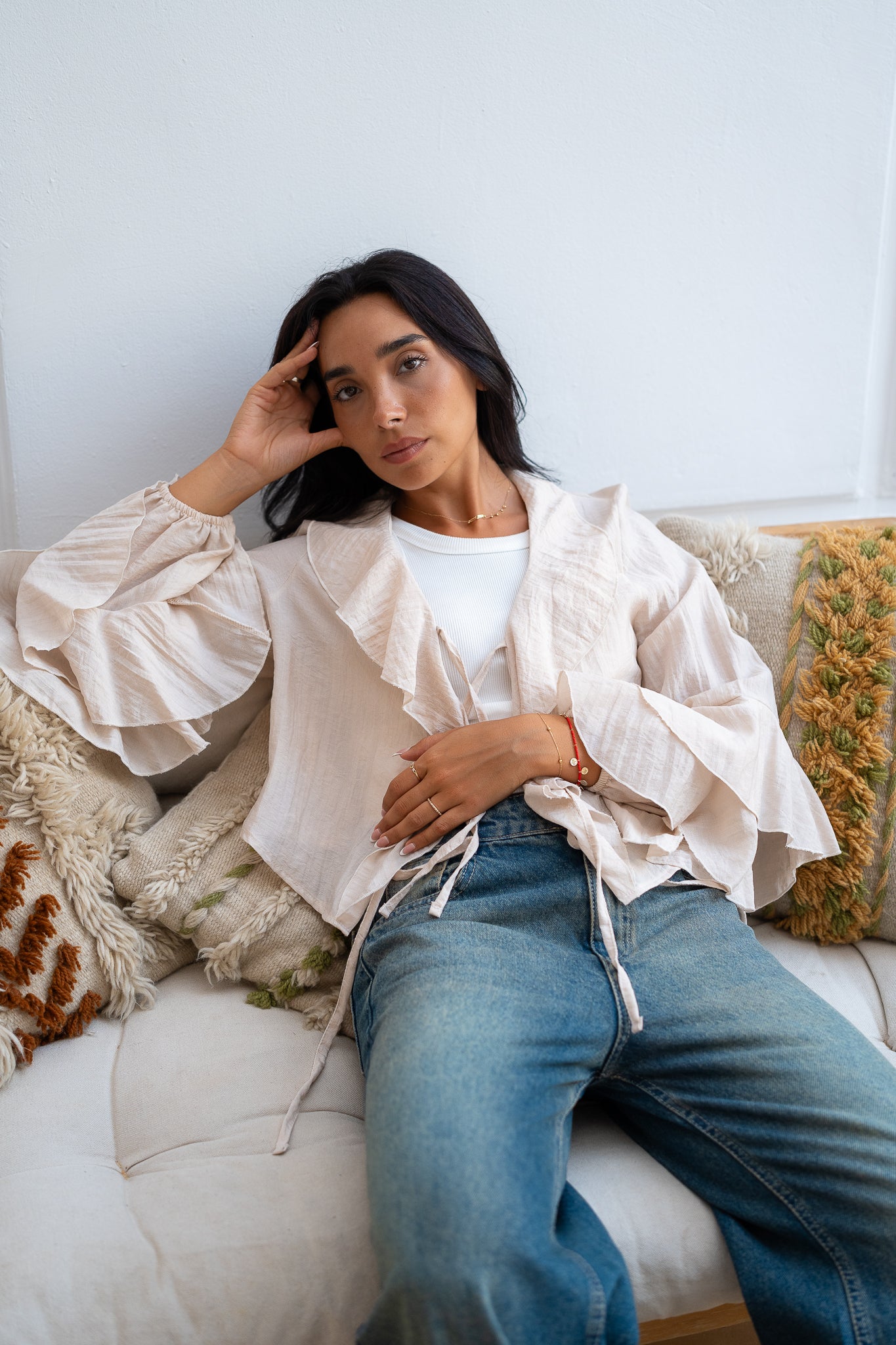 Ruffle Blouse with Lace-Up Closure