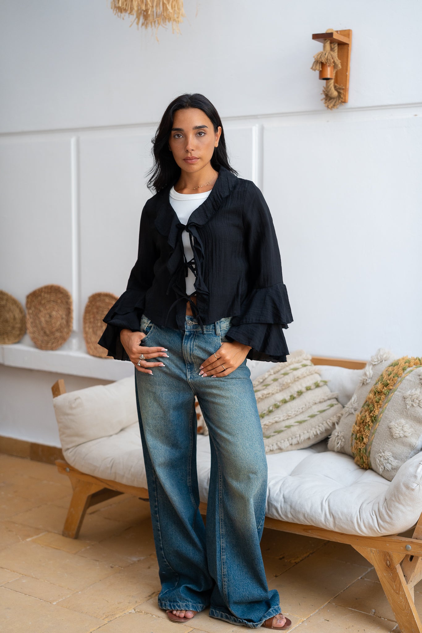 Ruffle Blouse with Lace-Up Closure