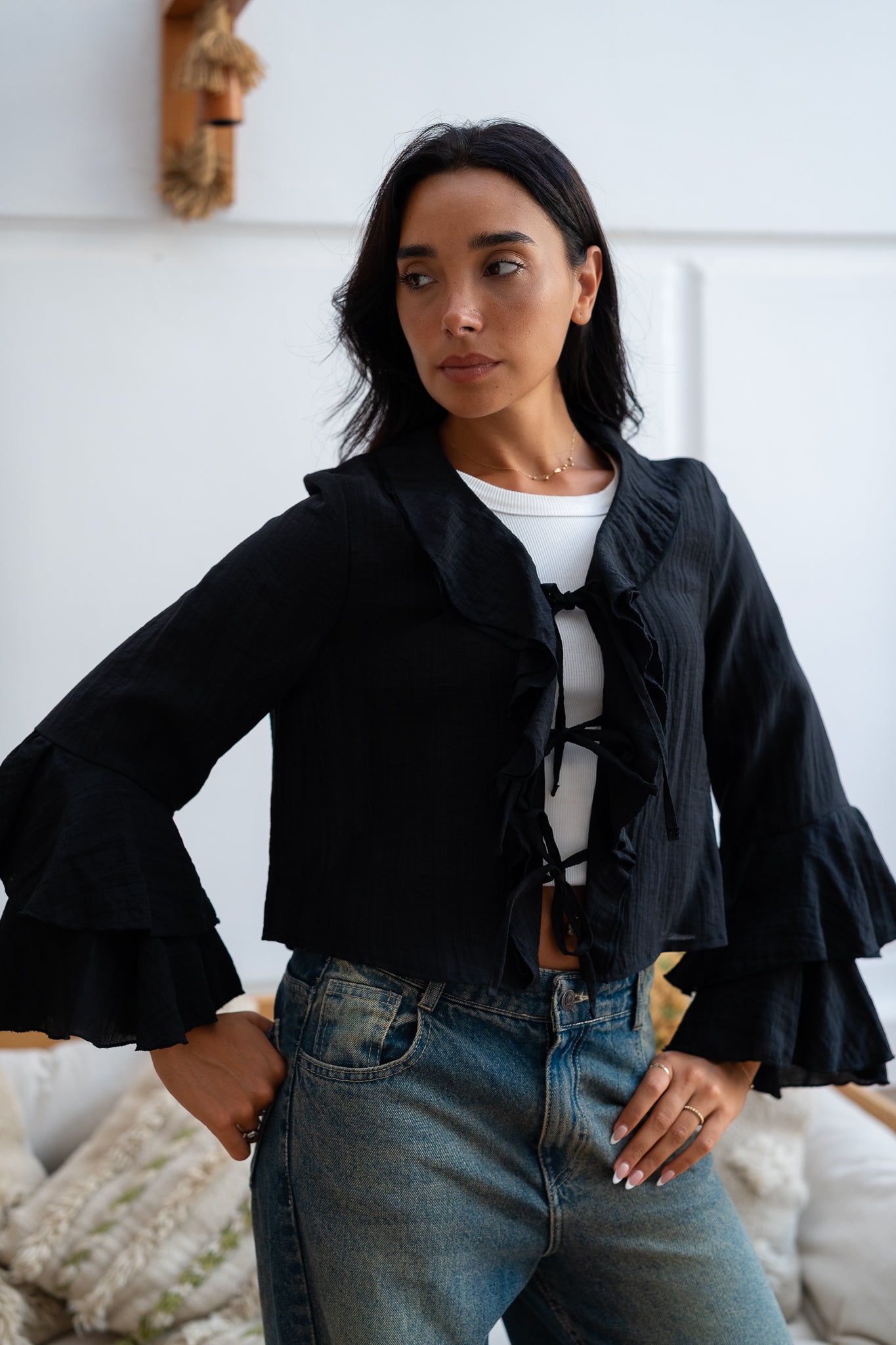 Ruffle Blouse with Lace-Up Closure
