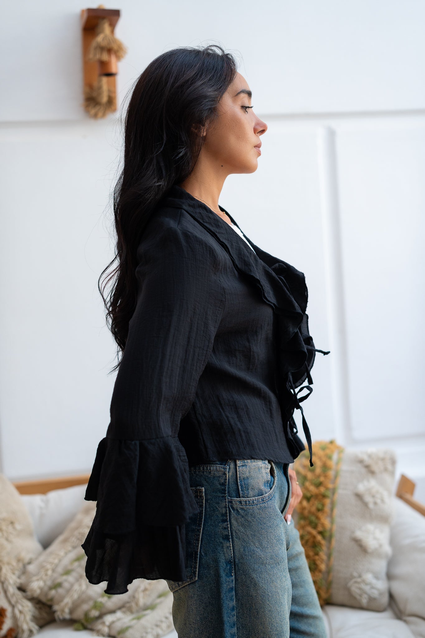 Ruffle Blouse with Lace-Up Closure