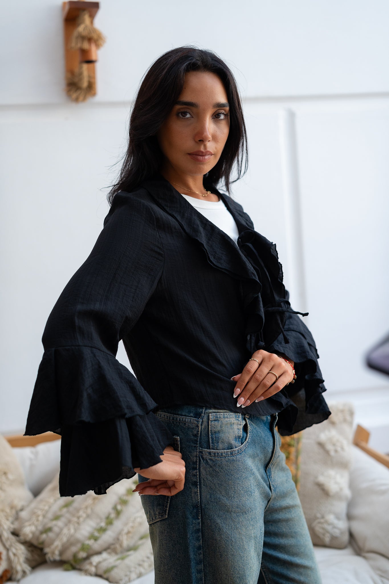Ruffle Blouse with Lace-Up Closure