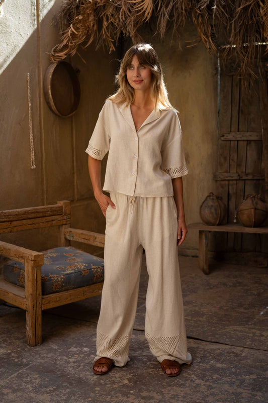 Elegant  Lightweight Perforated Linen Set  -  Beige