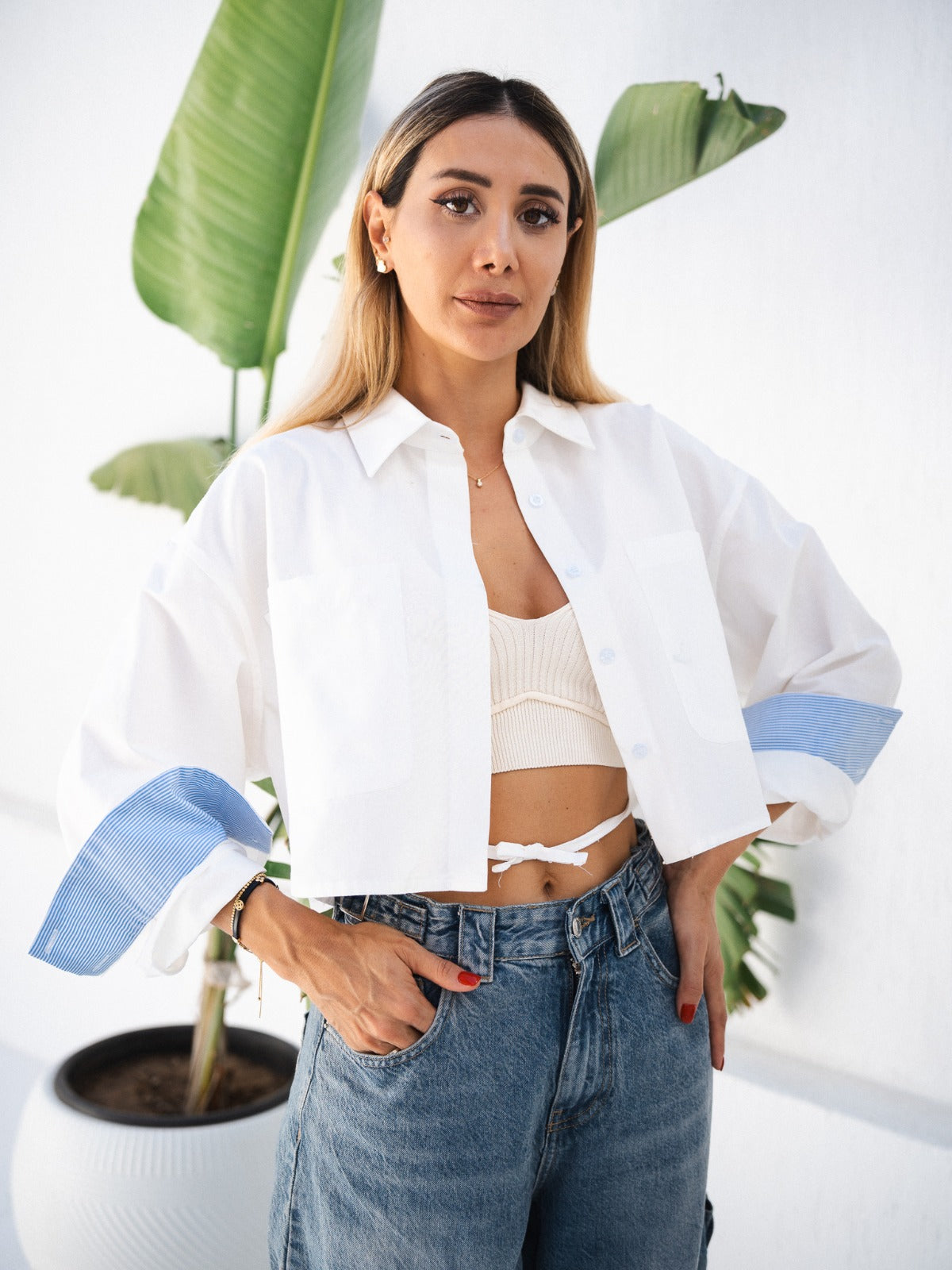 Cropped poplin shirt with front pocket