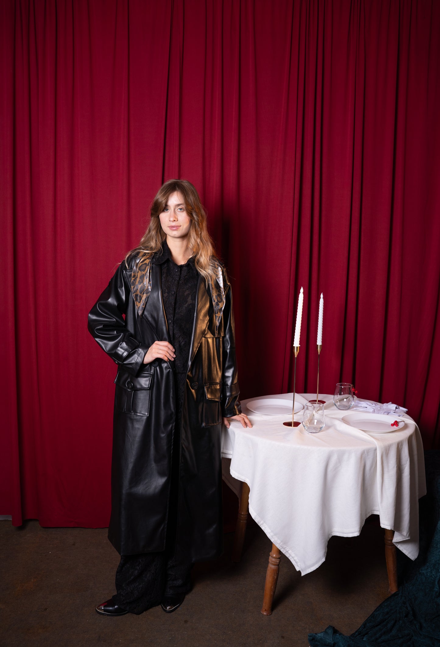 leather effect long coat with scarf