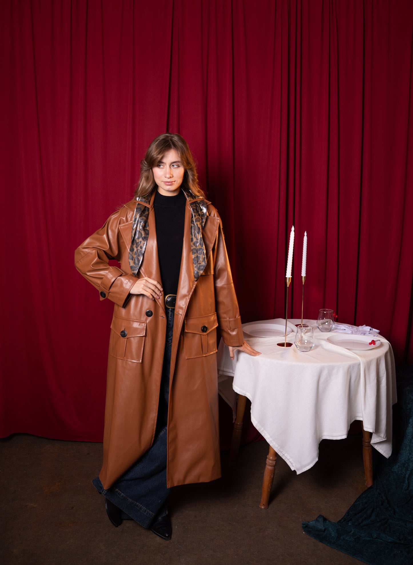 leather effect long coat with scarf