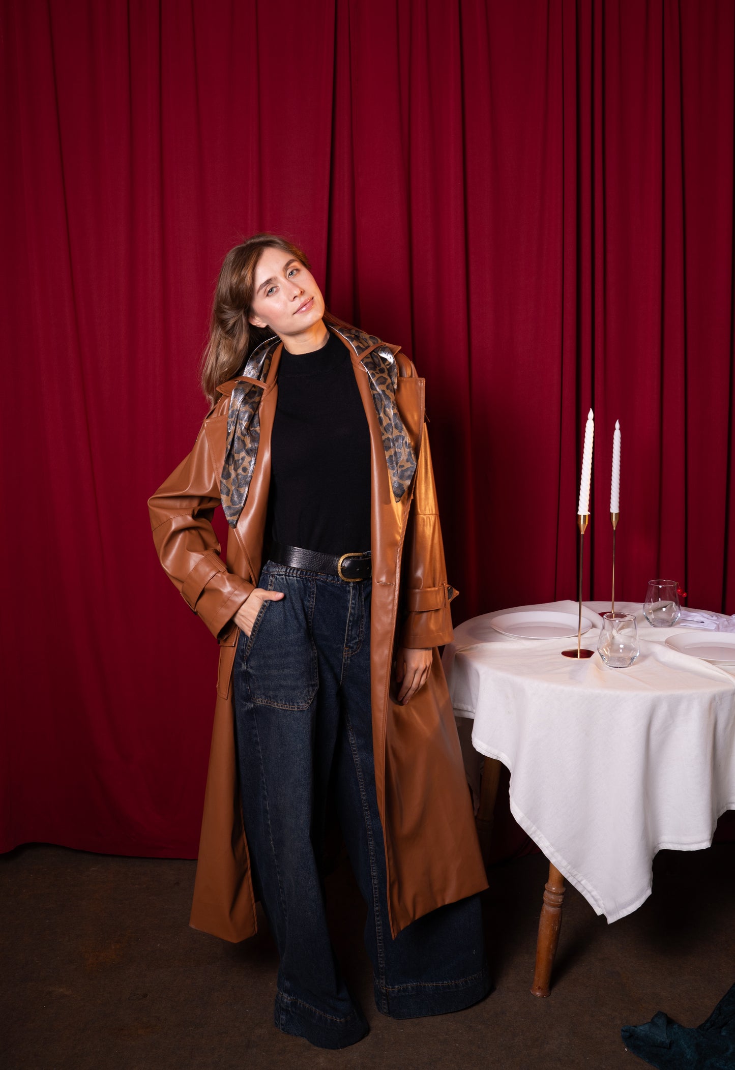 leather effect long coat with scarf