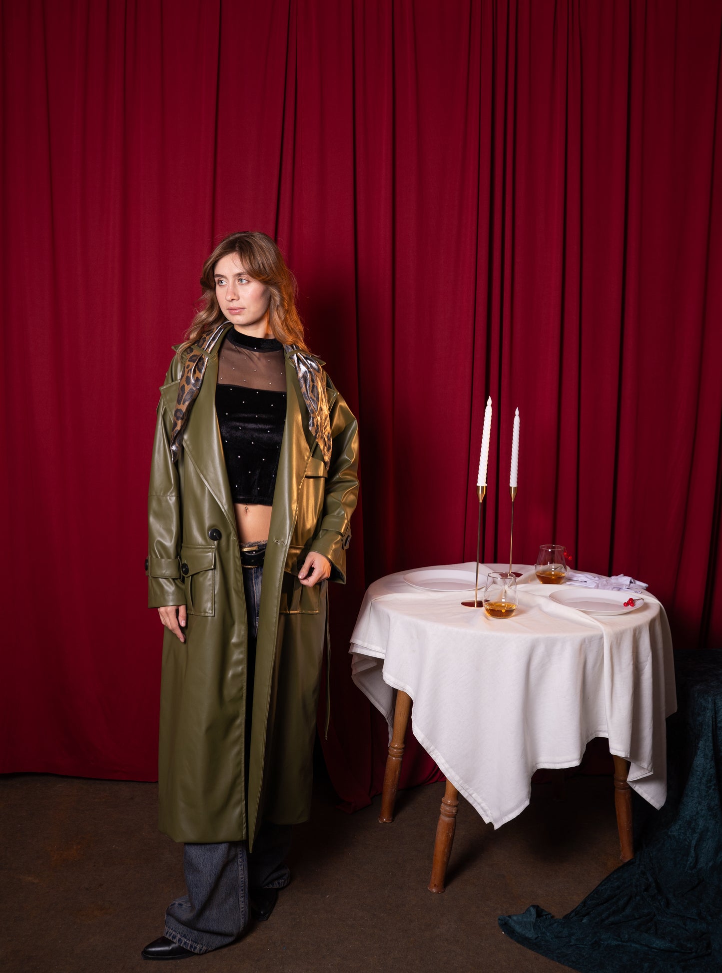 leather effect long coat with scarf