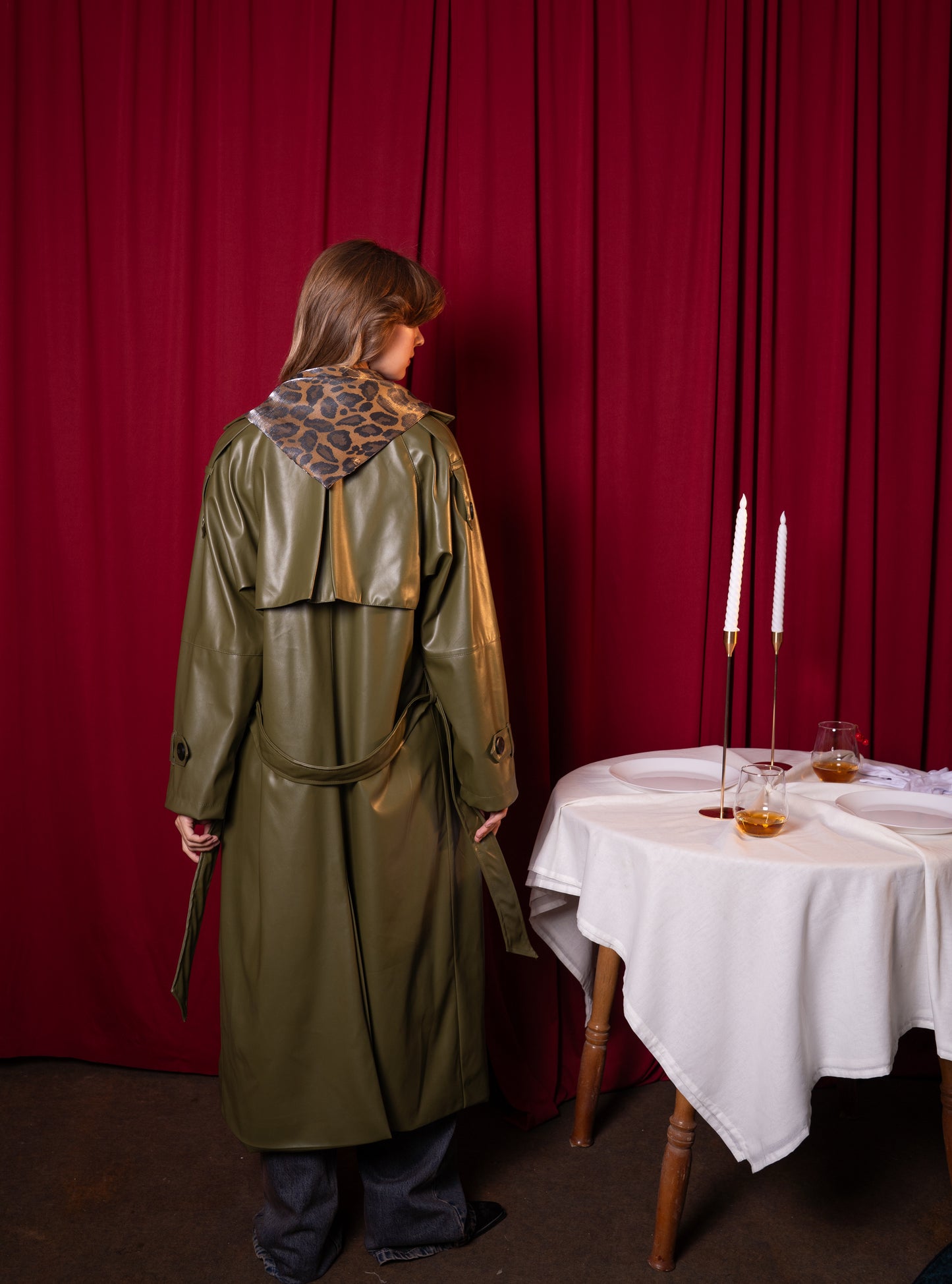 leather effect long coat with scarf