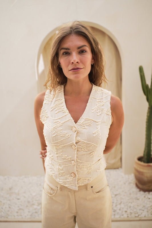 Embroidered Linen Vest  -  Waist-Length with Refined Buttons