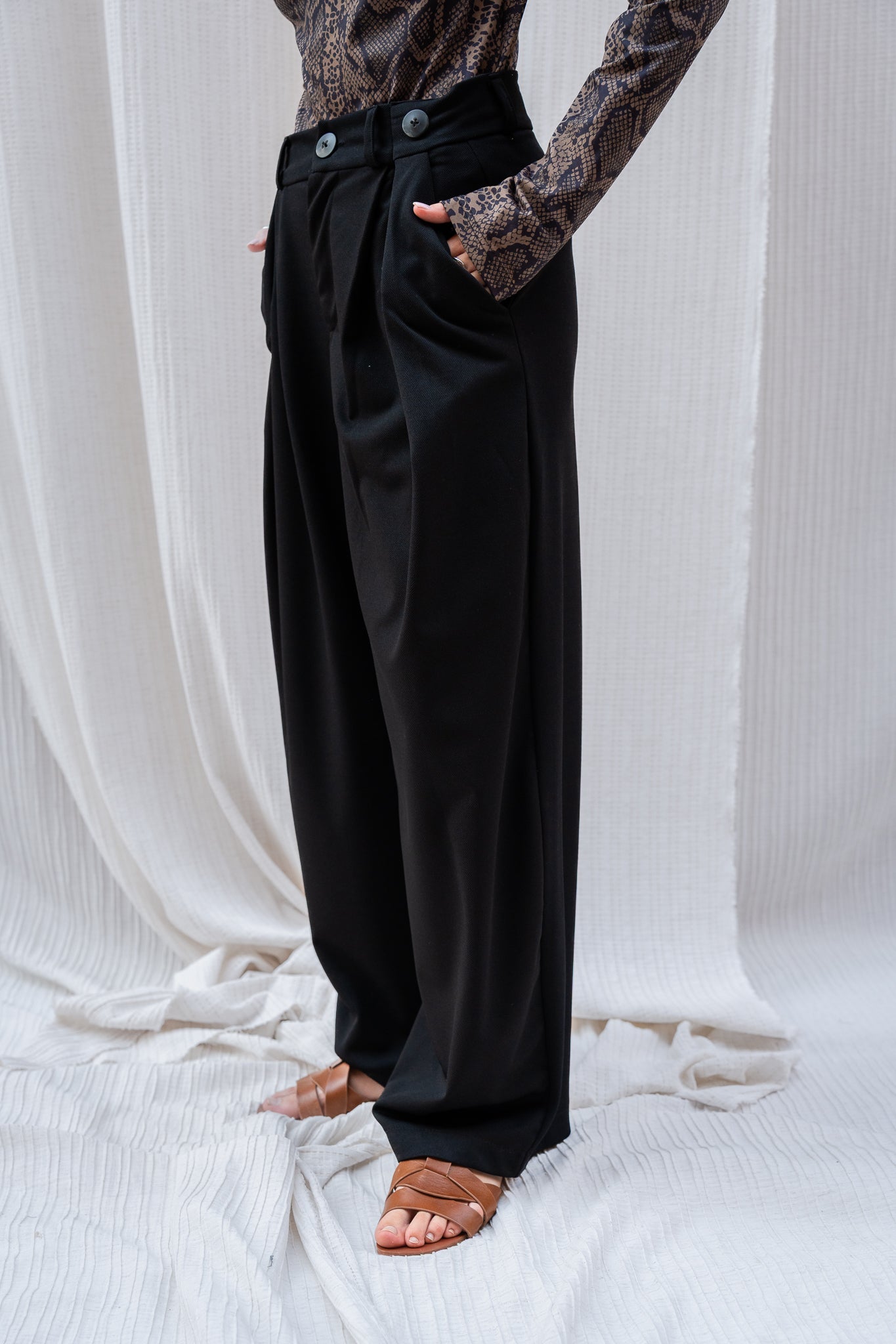 Pleated Pants with Front Button Detail  -  Tailored, Chic & Timeless
