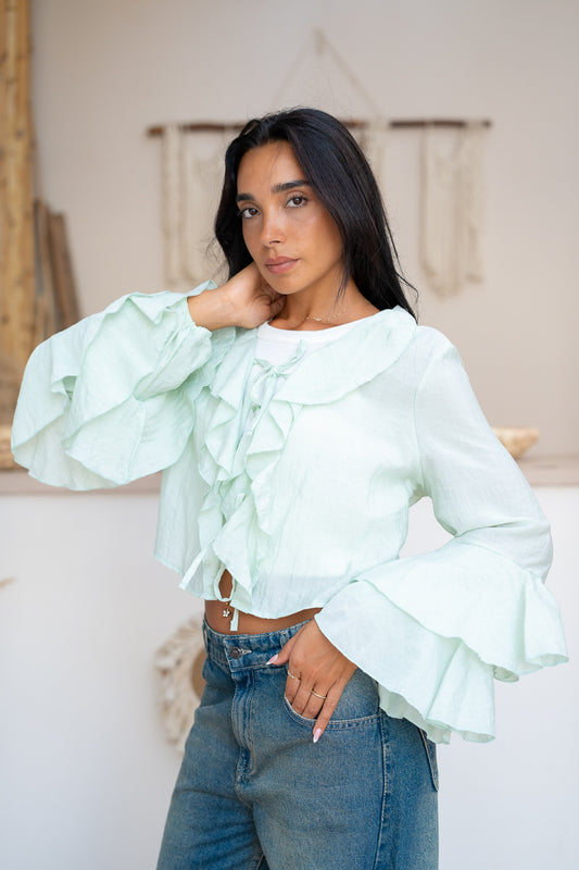 Ruffle Blouse with Lace-Up Closure