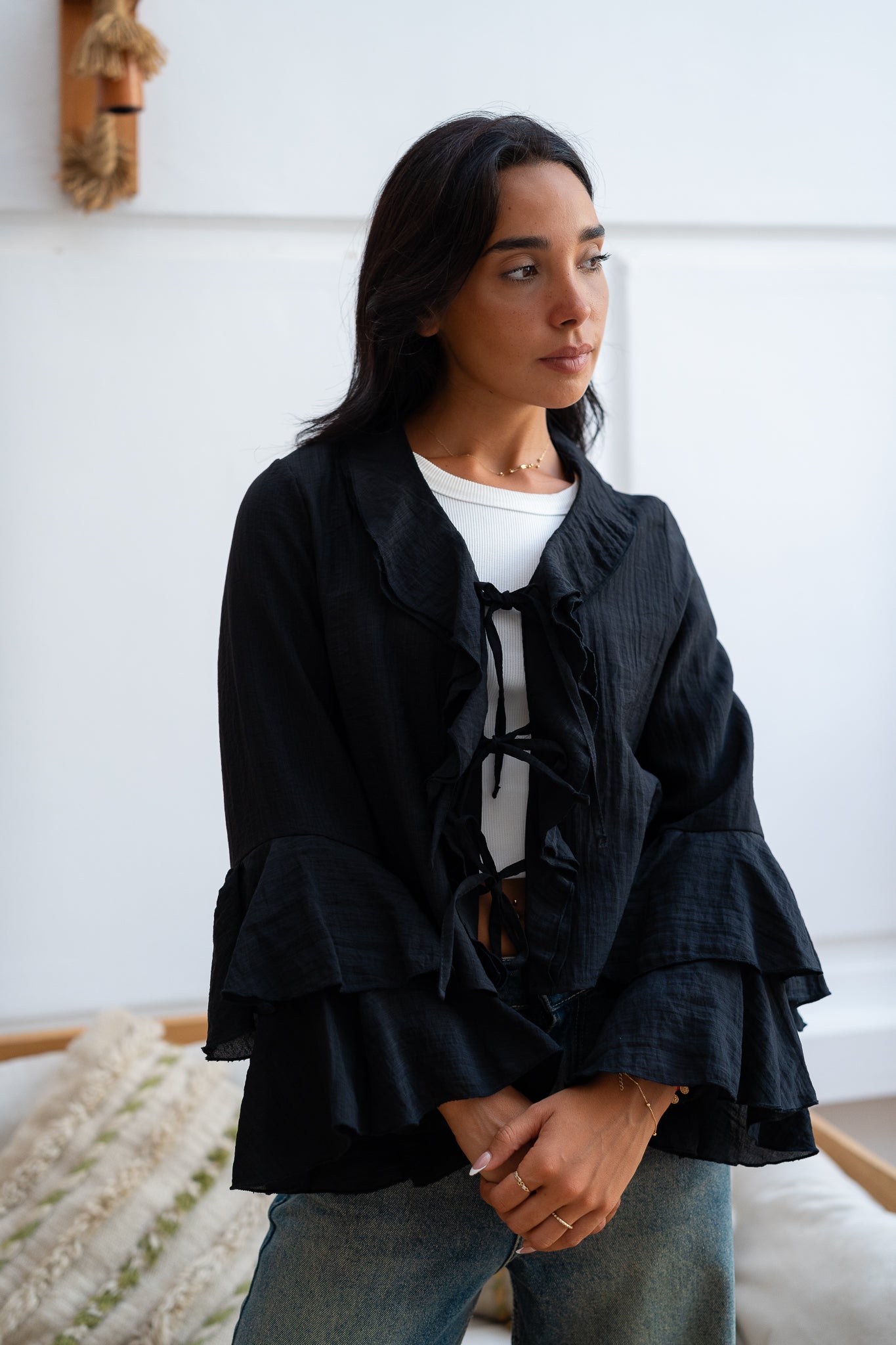 Ruffle Blouse with Lace-Up Closure