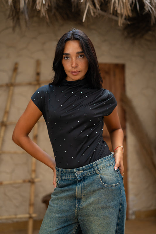Rhinestone Drape Bodysuit  -  Sparkling Statement Piece