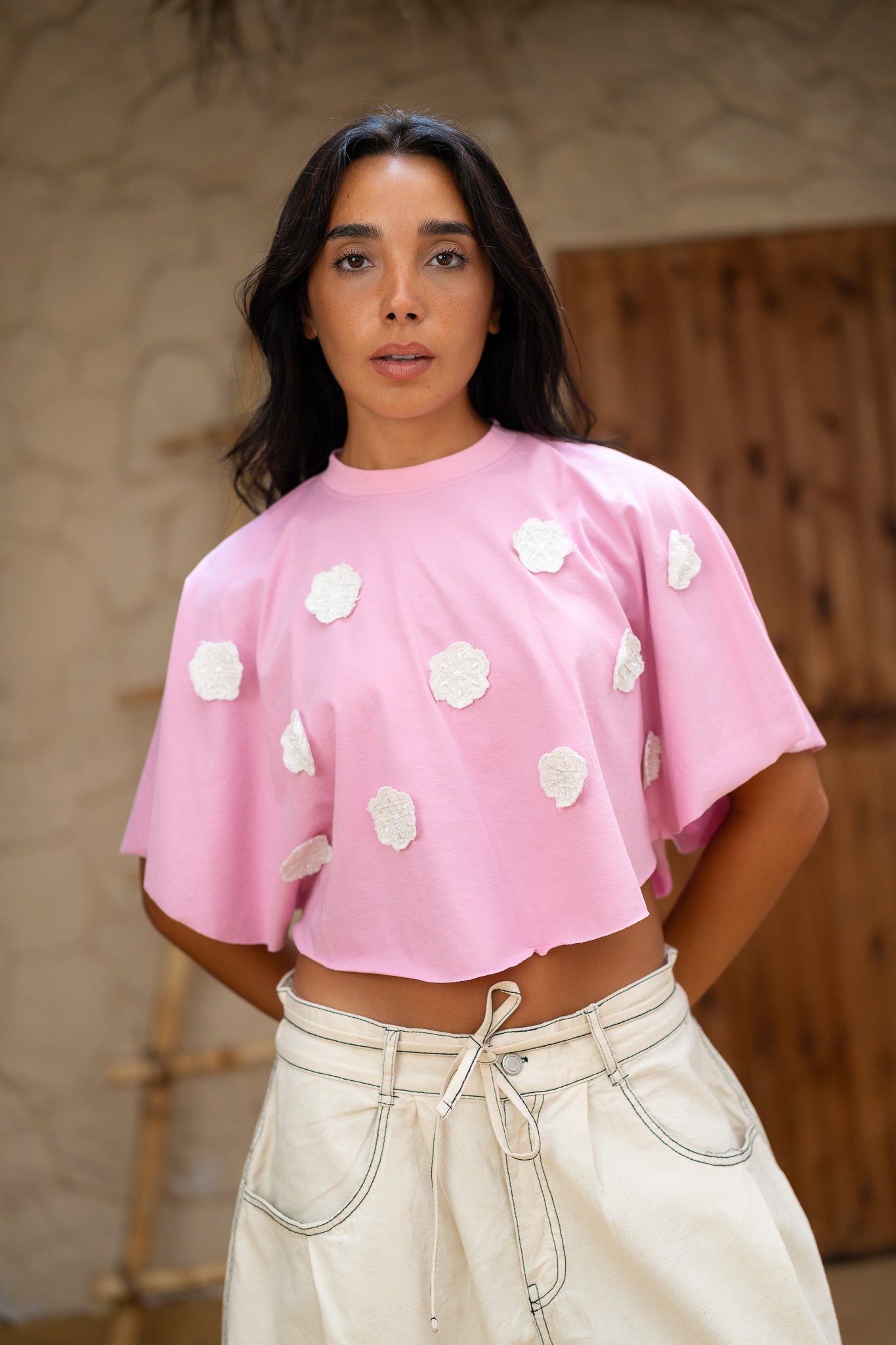 Embroidered Cropped Tee  -  Casual Chic with a Feminine Touch