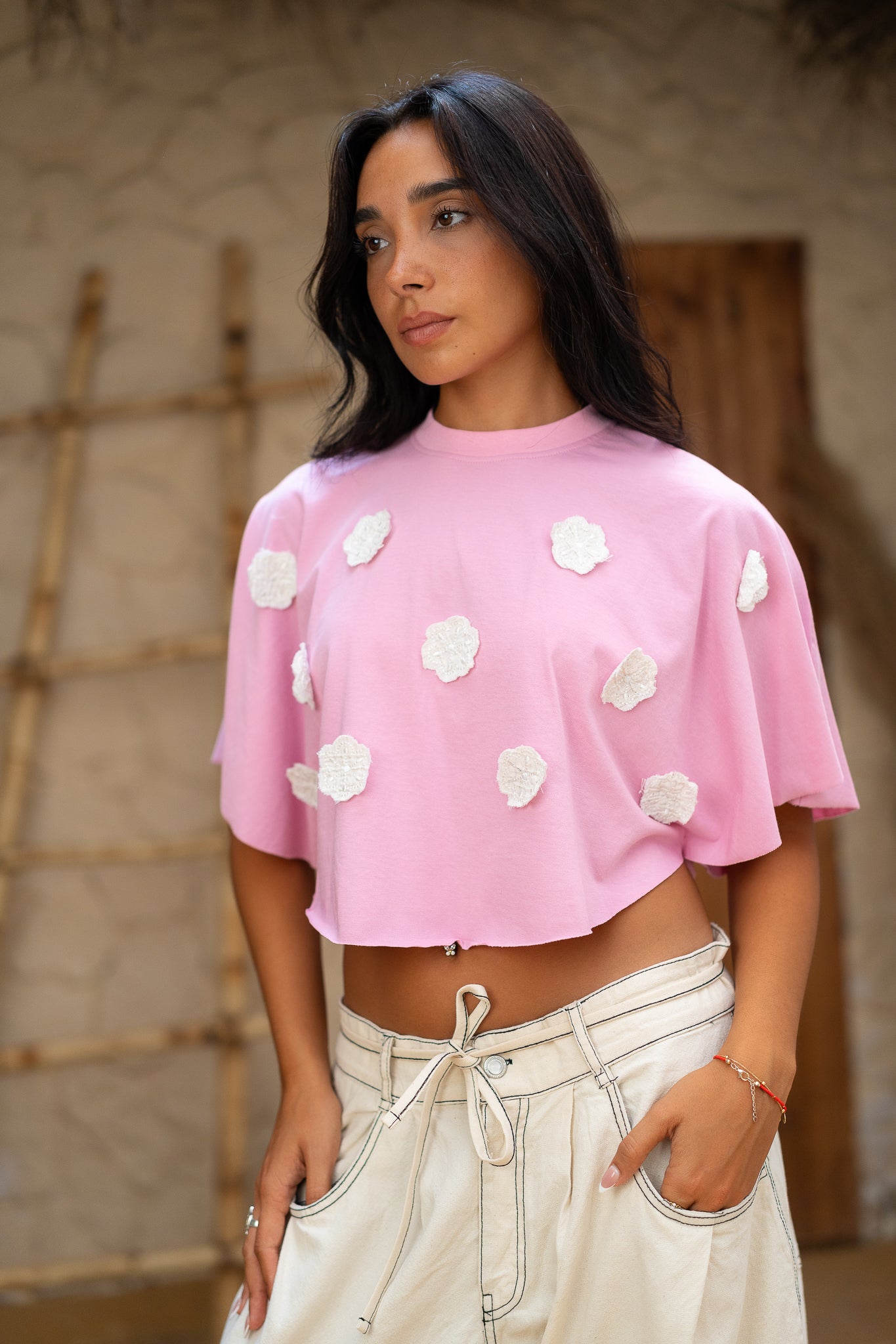 Embroidered Cropped Tee  -  Casual Chic with a Feminine Touch