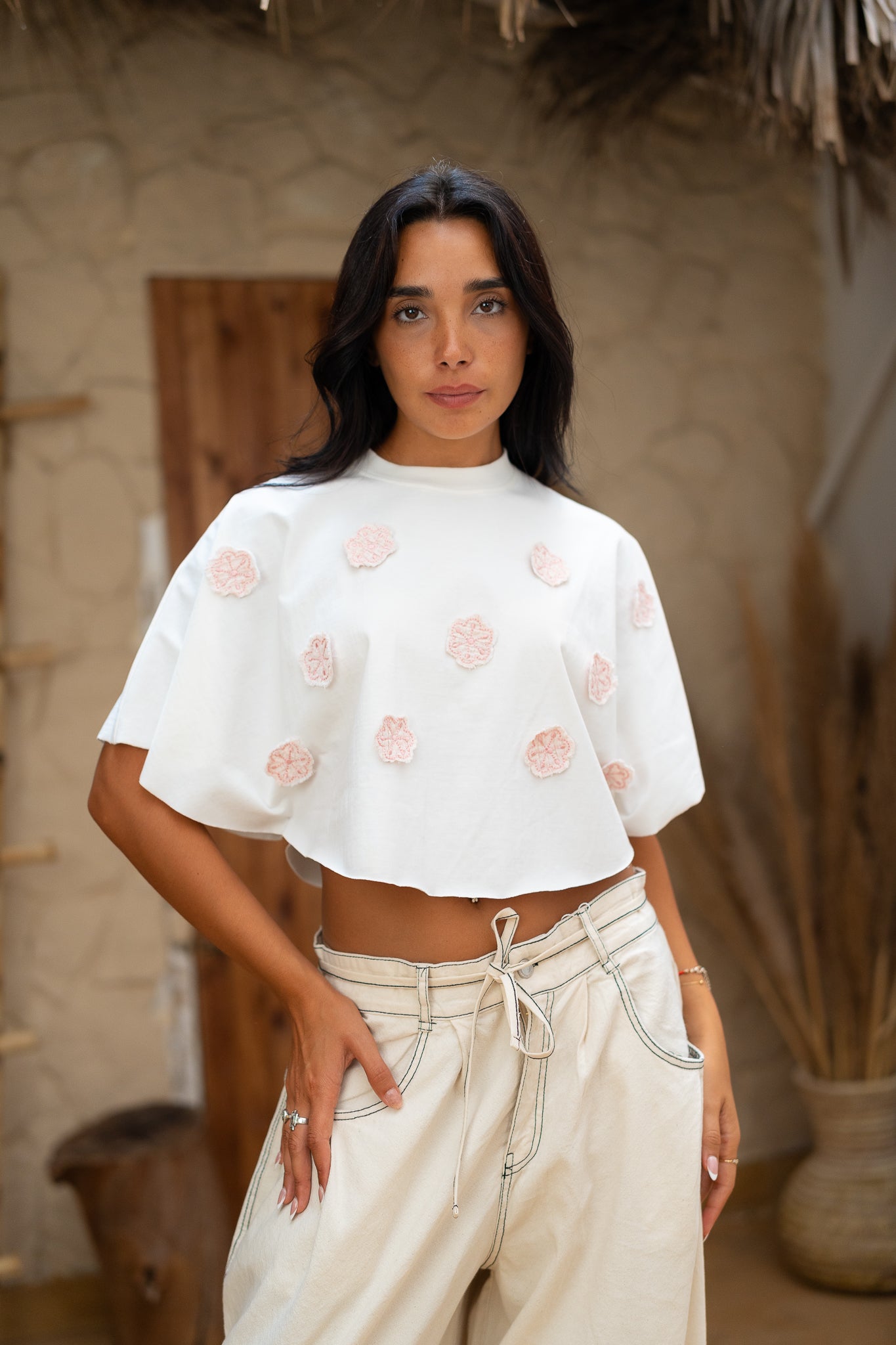 Embroidered Cropped Tee  -  Casual Chic with a Feminine Touch