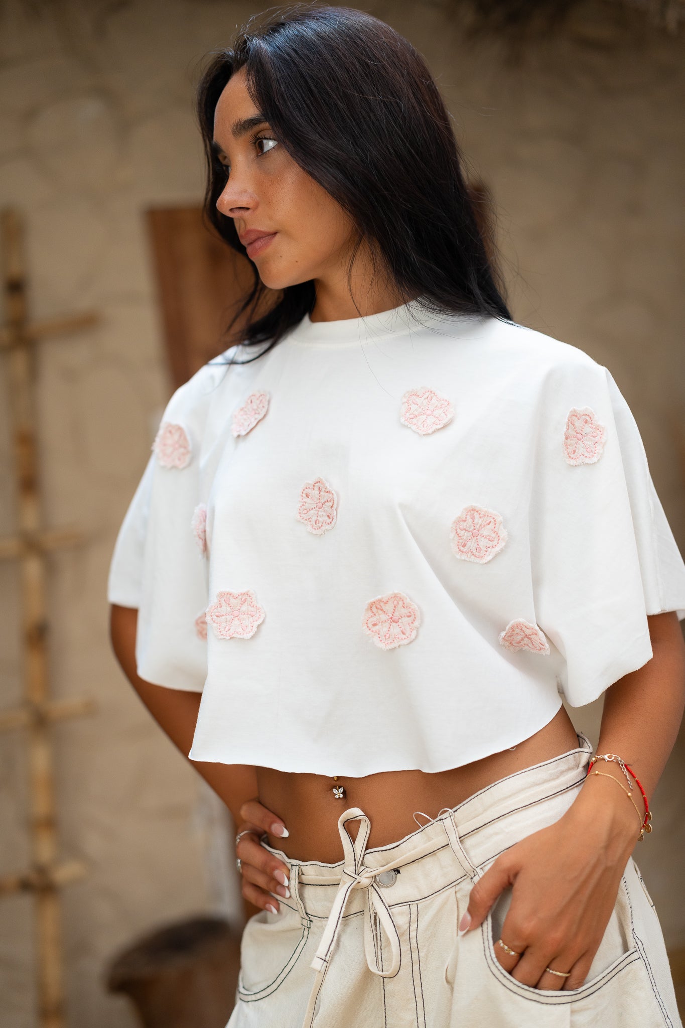 Embroidered Cropped Tee  -  Casual Chic with a Feminine Touch