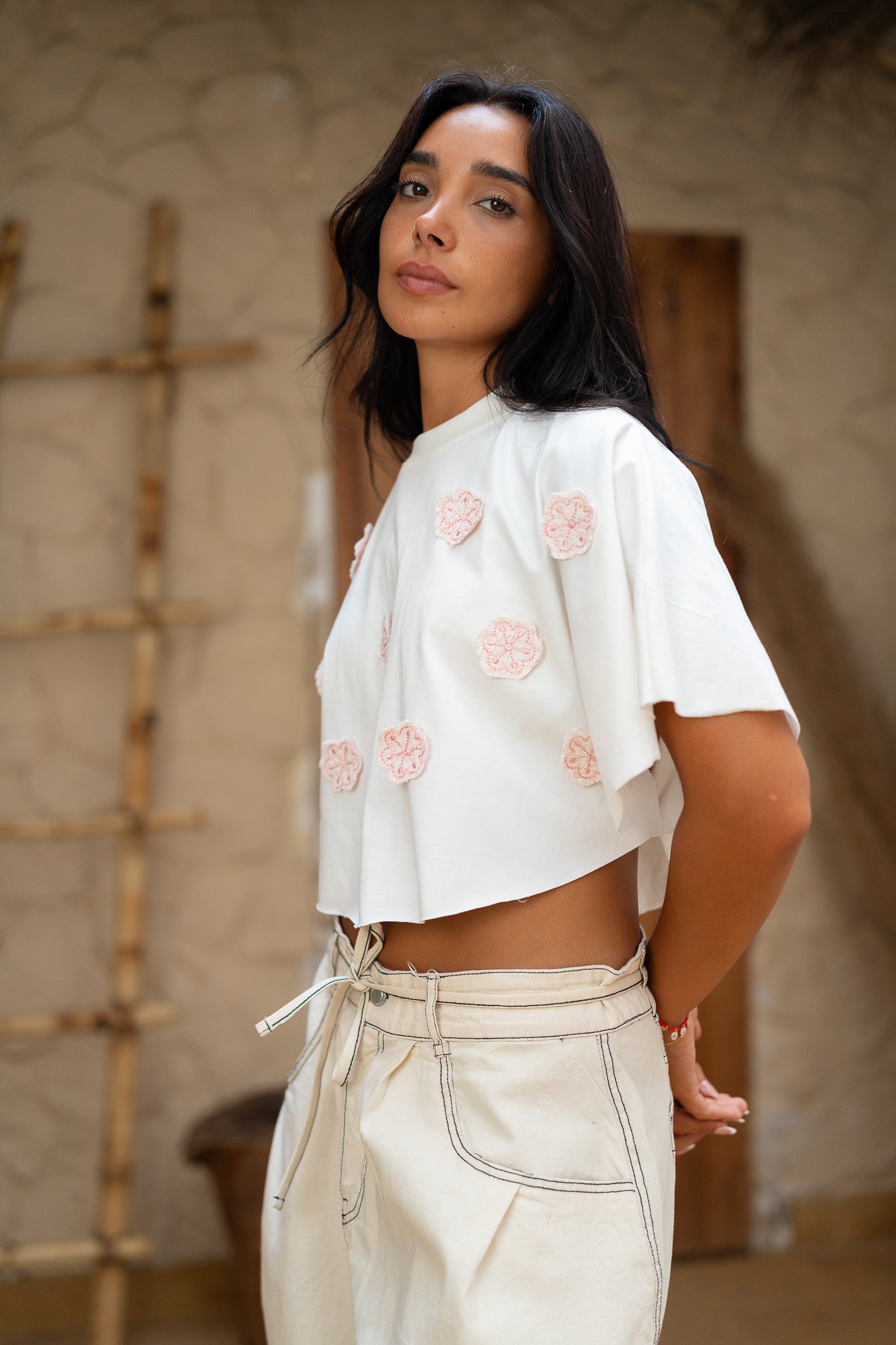 Embroidered Cropped Tee  -  Casual Chic with a Feminine Touch